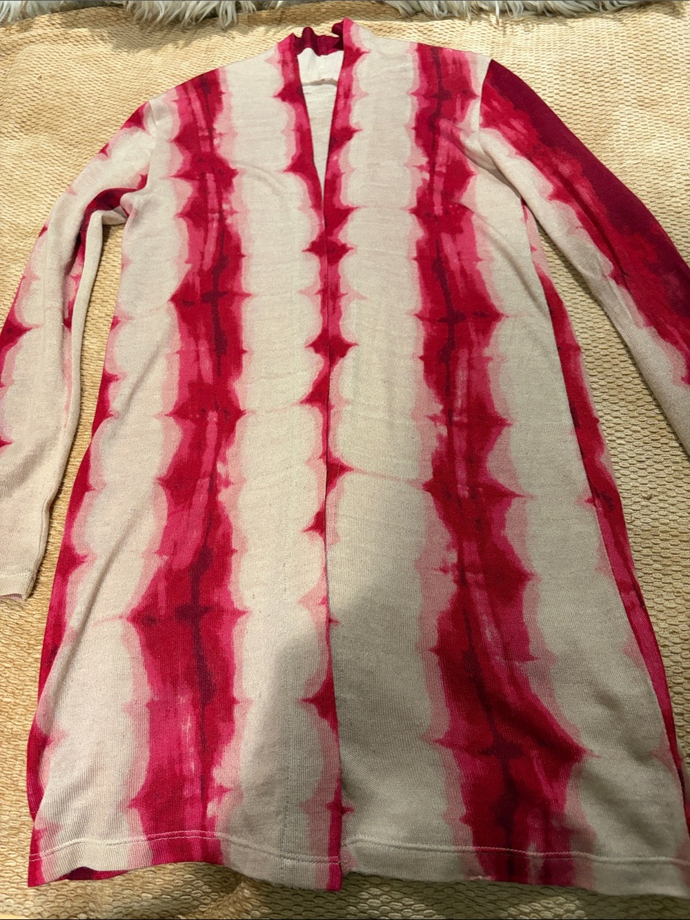 Women's dark red, red, pink, and tan. Tie-Dye Long Open Cardigan Sweater